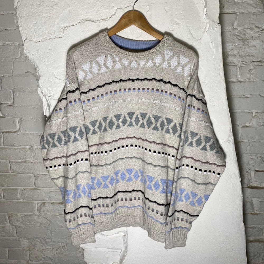 Vintage Jantzen 3D Knit Fair Isle Crewneck Sweater Beige‎ Blue Mens